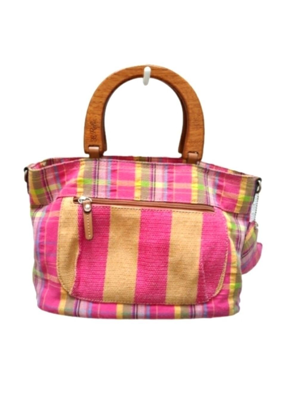 Relic bono fabric W/ wooden handle bag Striped Pink and Yellow Fabric